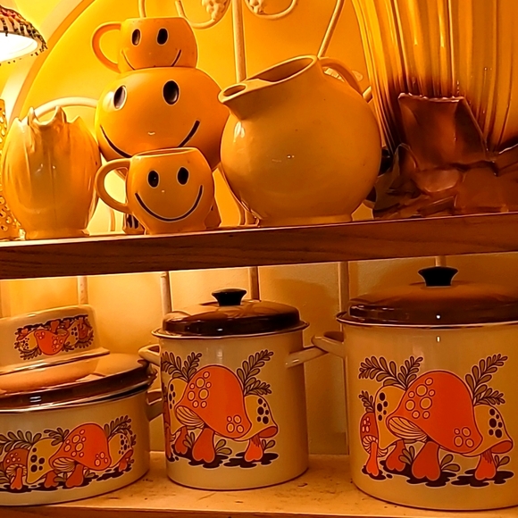 6 pc 70s MERRY MUSHROOM COOKING POTS W LIDS Dutch oven, large & med stock POTS - Picture 9 of 9